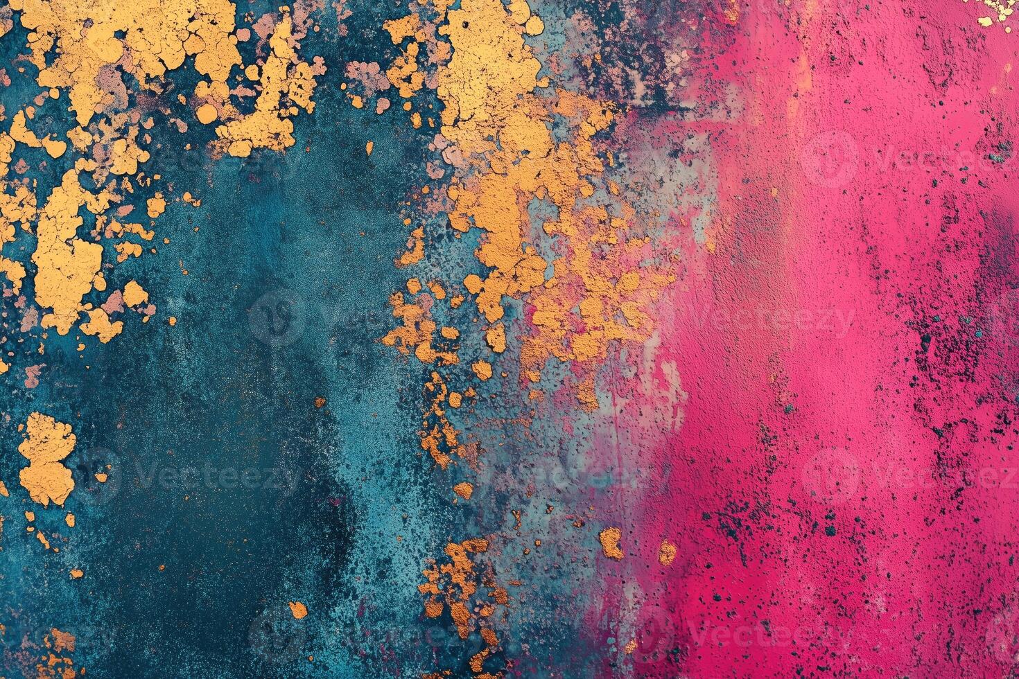 An abstract background featuring a blend of deep blue and vibrant pink hues, with scattered gold leaf accents creating a textured effect. photo