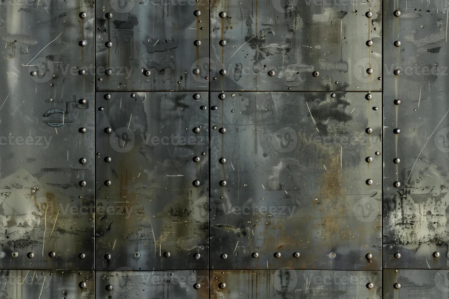 Seamless textured metal wall featuring large rivets and a weathered, industrial appearance. The surface shows signs of wear, with scratches and patches of rust, creating a rugged aesthetic. photo