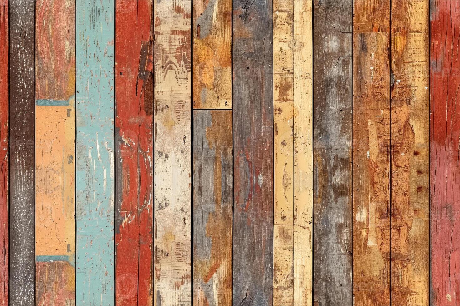 A textured wooden panel wall featuring a variety of colored planks, including red, blue, brown, and natural wood tones, showcasing rustic charm and diversity in wood grain. photo