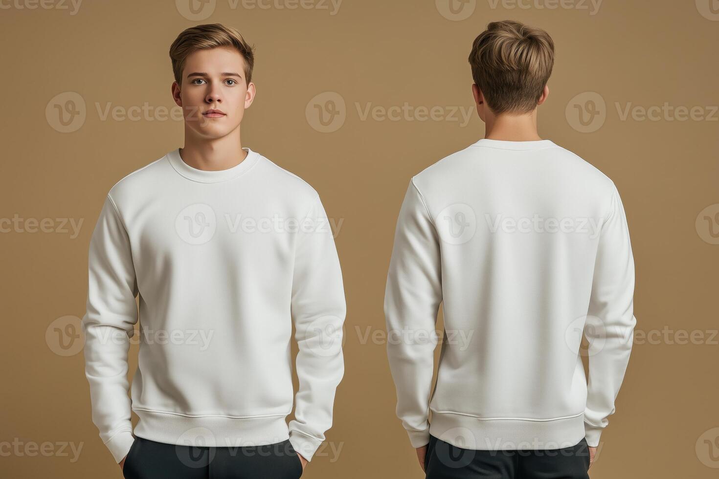 Two men in white sweatshirts mock up on brown background photo