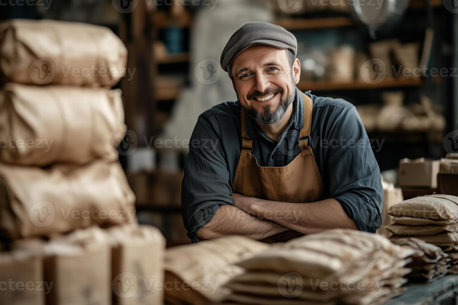 A smiling man in an apron sitting at a table with bags of coffee photo