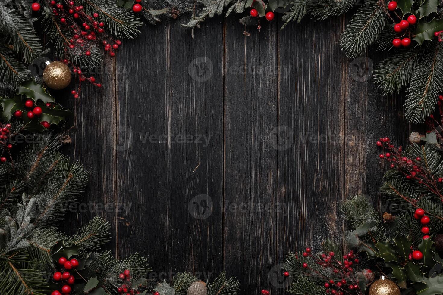 A dark wooden background framed with festive greenery, including pine branches, red berries, and gold ornaments, creating a seasonal holiday atmosphere. Christmas texture background. photo