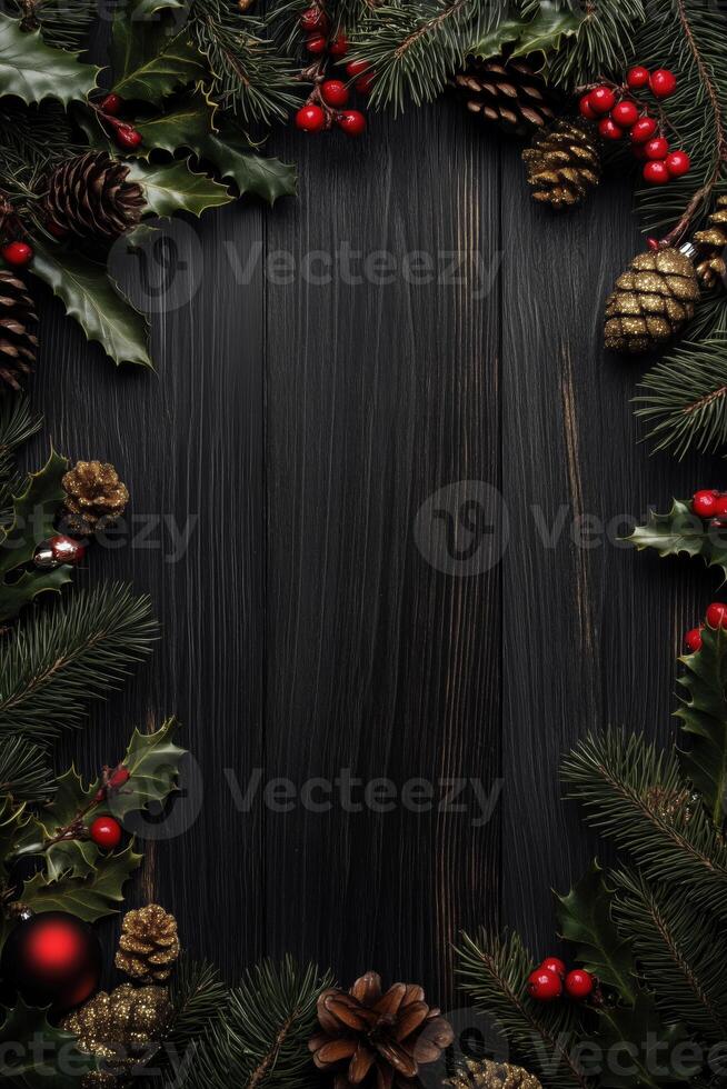 A festive arrangement of pine branches, holly leaves, red berries, and pine cones on a dark wooden background, creating a seasonal border. Christmas texture background. photo