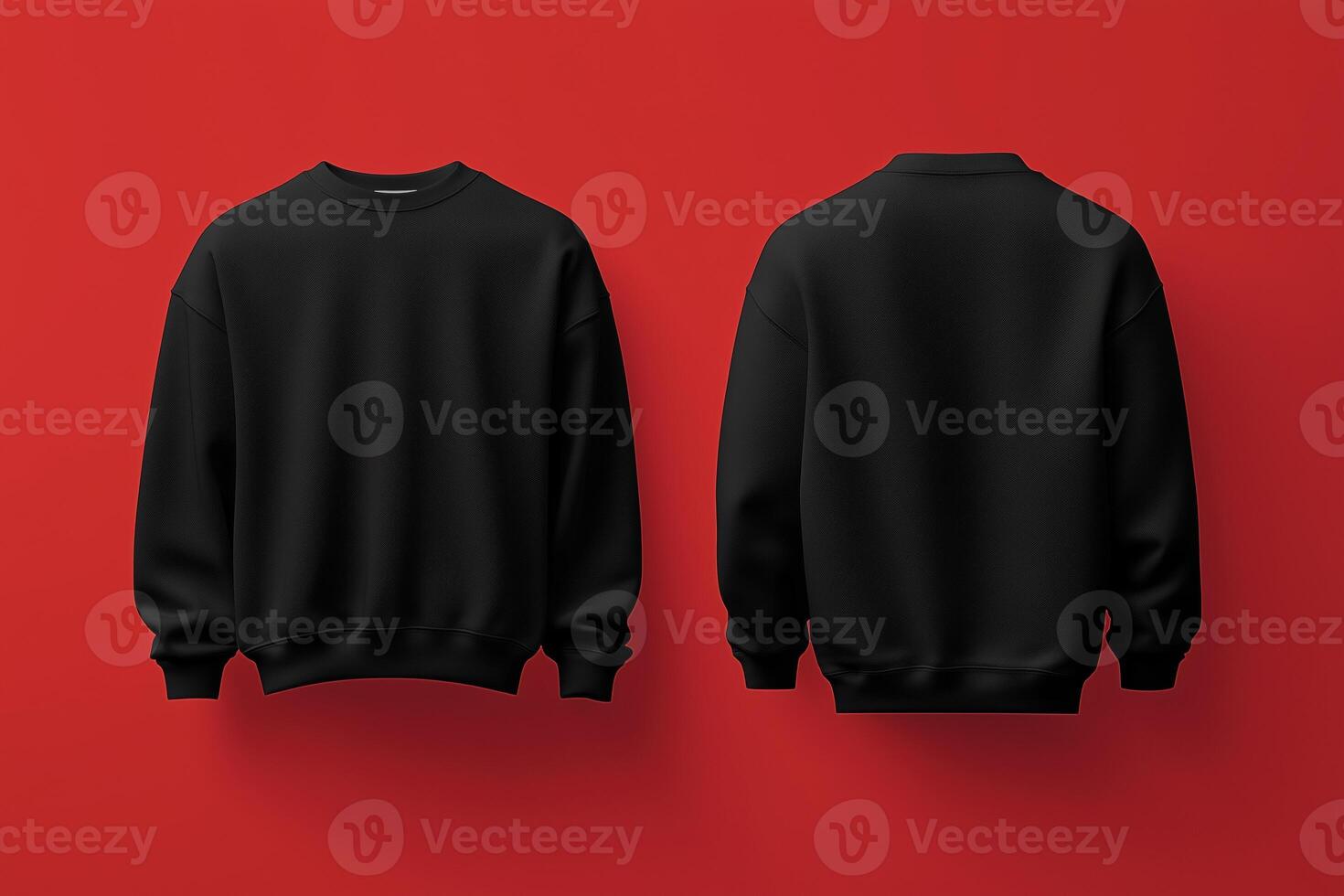 A black sweatshirt mockup on a red background, showcasing both front and back views. photo