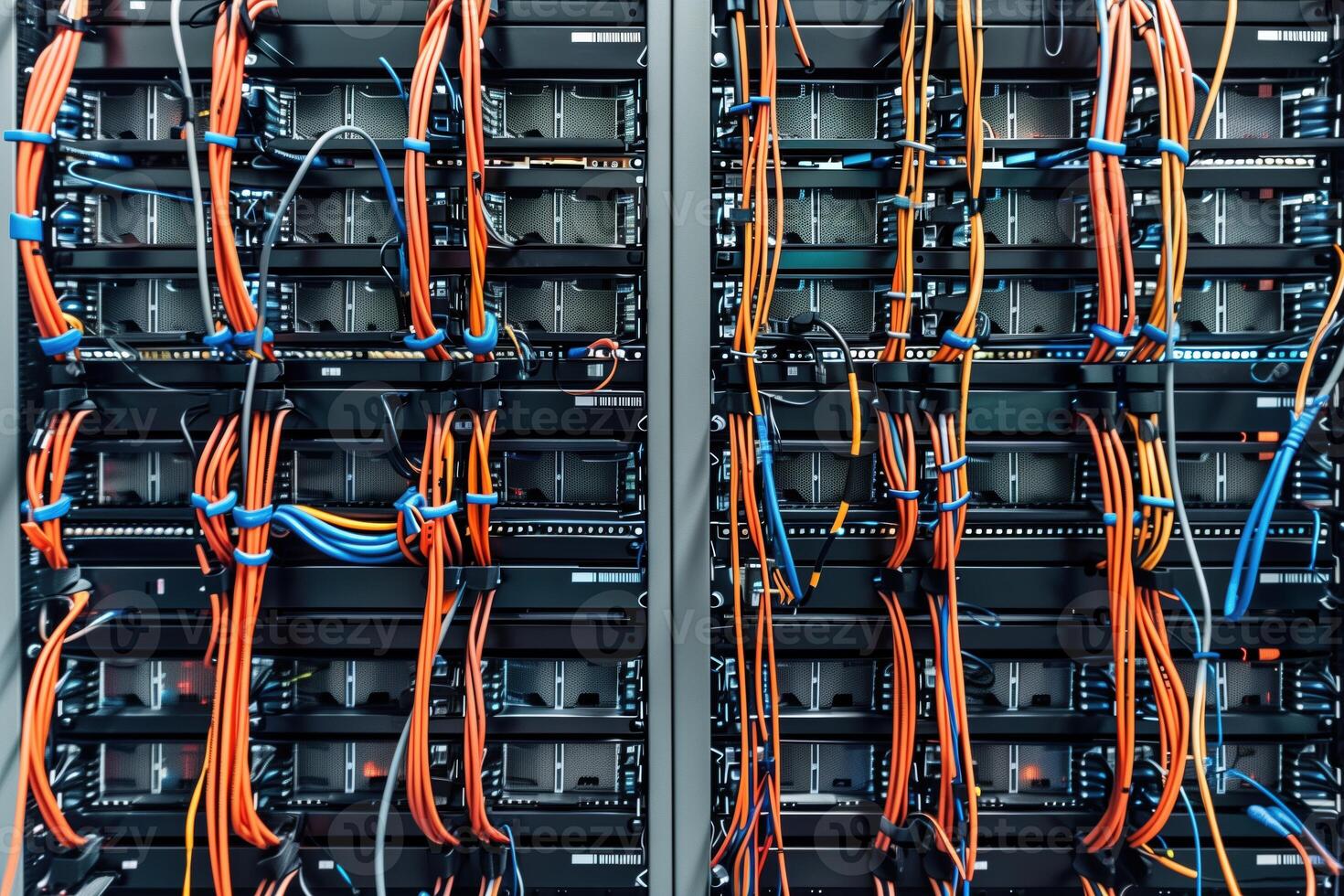 Server rack filled with multiple servers and colorful cables. The image showcases the intricate wiring and organization of the server components, emphasizing technology and data management. photo