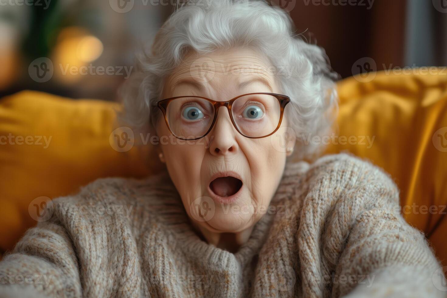 An older woman with glasses is looking surprised photo