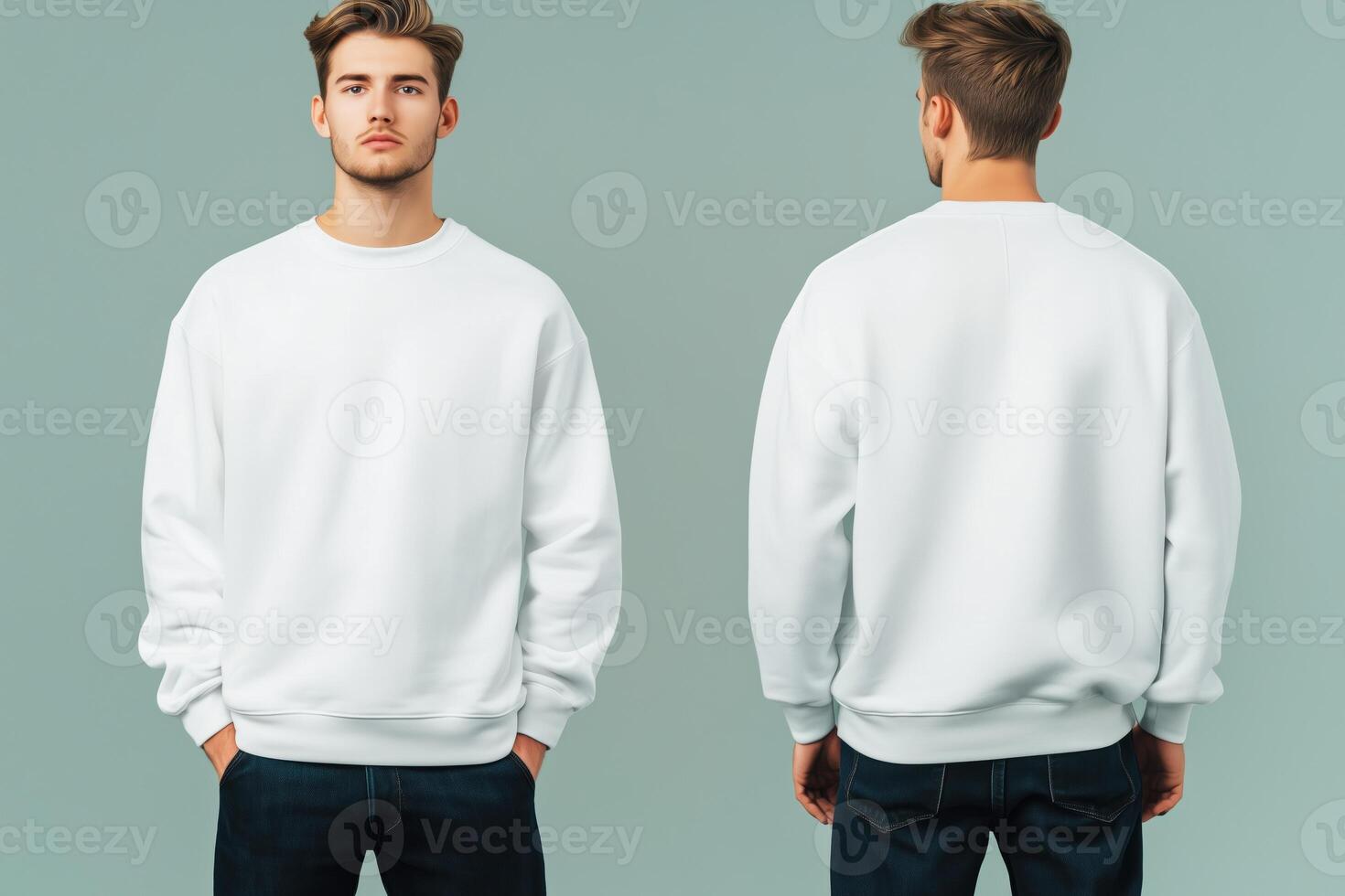Two men in white sweatshirts, one on left and one on right photo