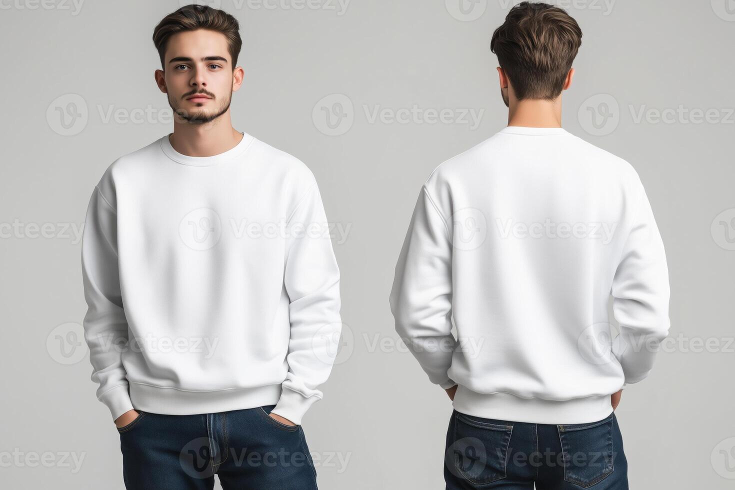 Two men in white sweatshirts mock up on gray background photo