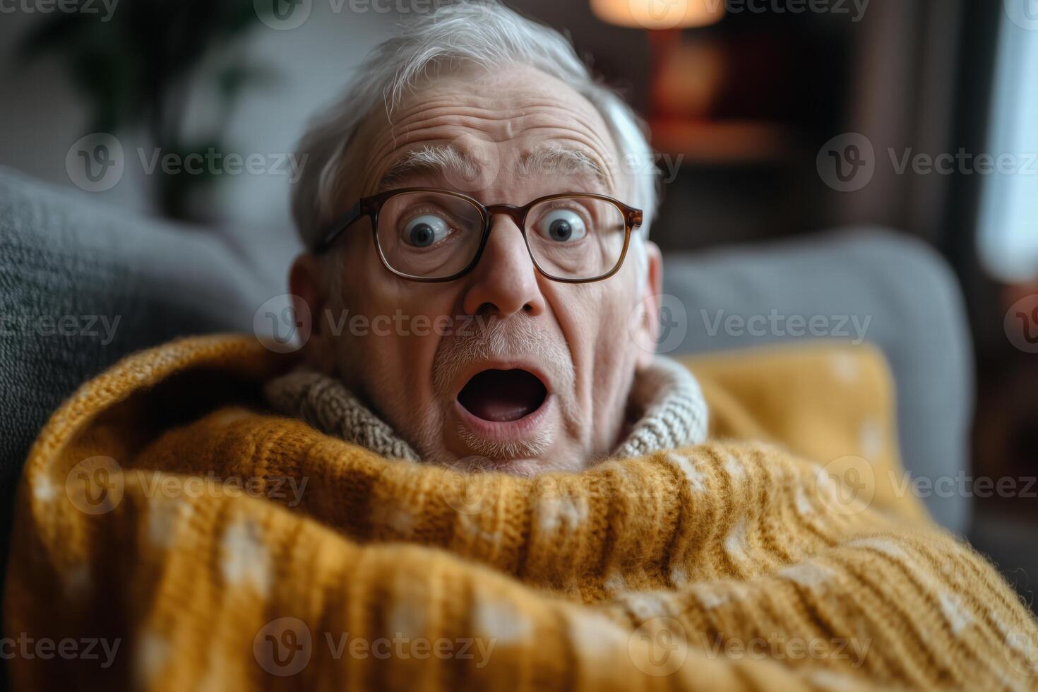 An older man with glasses and a blanket is surprised photo