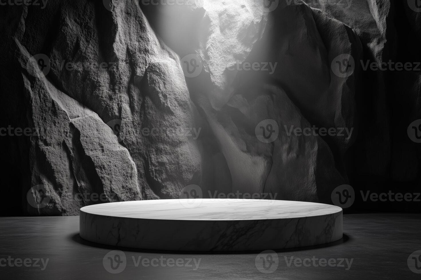 A minimalist stage for product with a round marble platform set against a textured rock wall, illuminated by a soft light from above, creating a dramatic atmosphere. photo