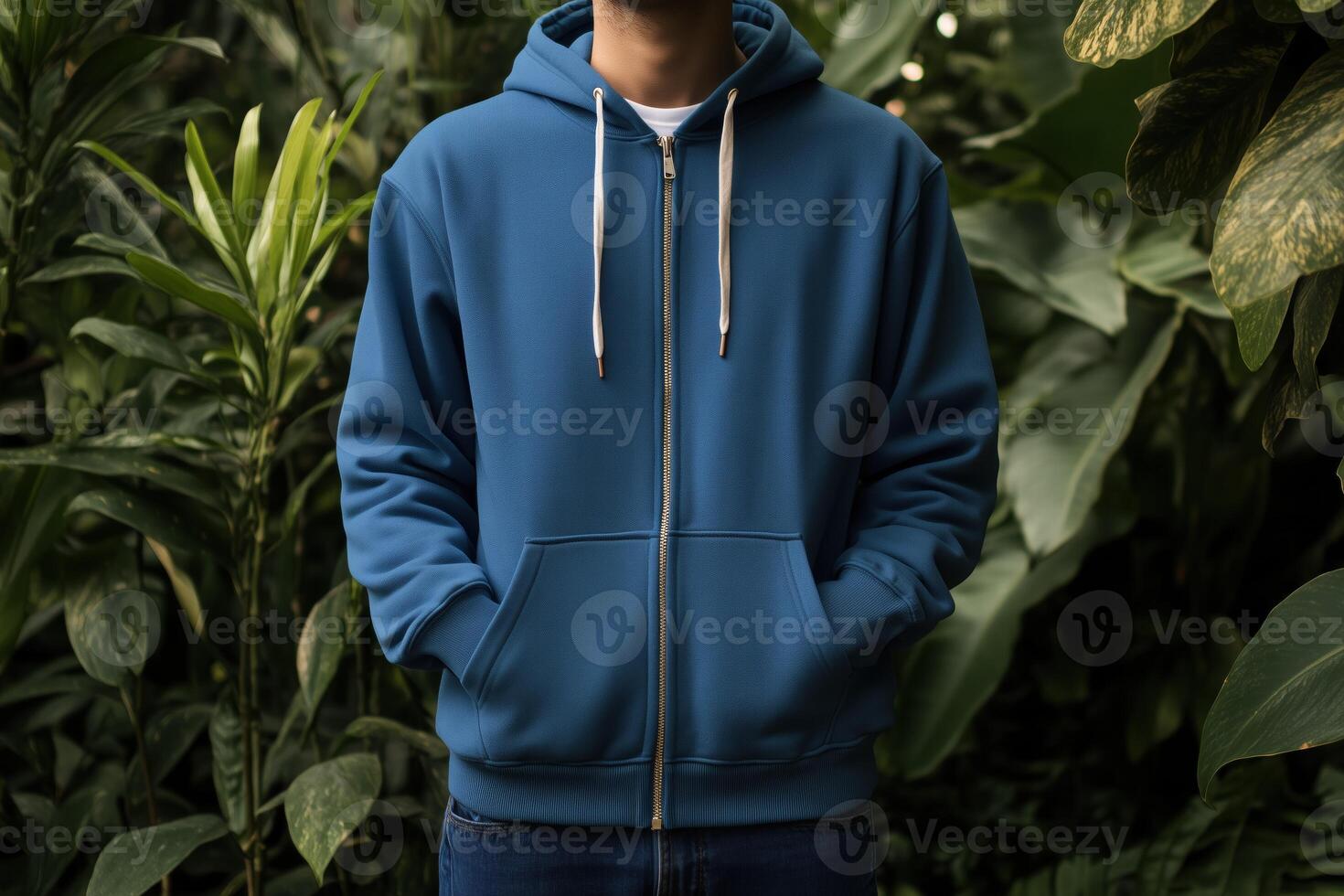 A man wearing a blue hoodie in front of plants photo