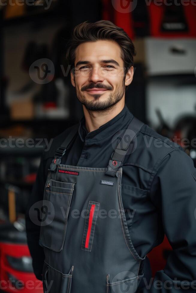A man in an apron standing in front of a car photo