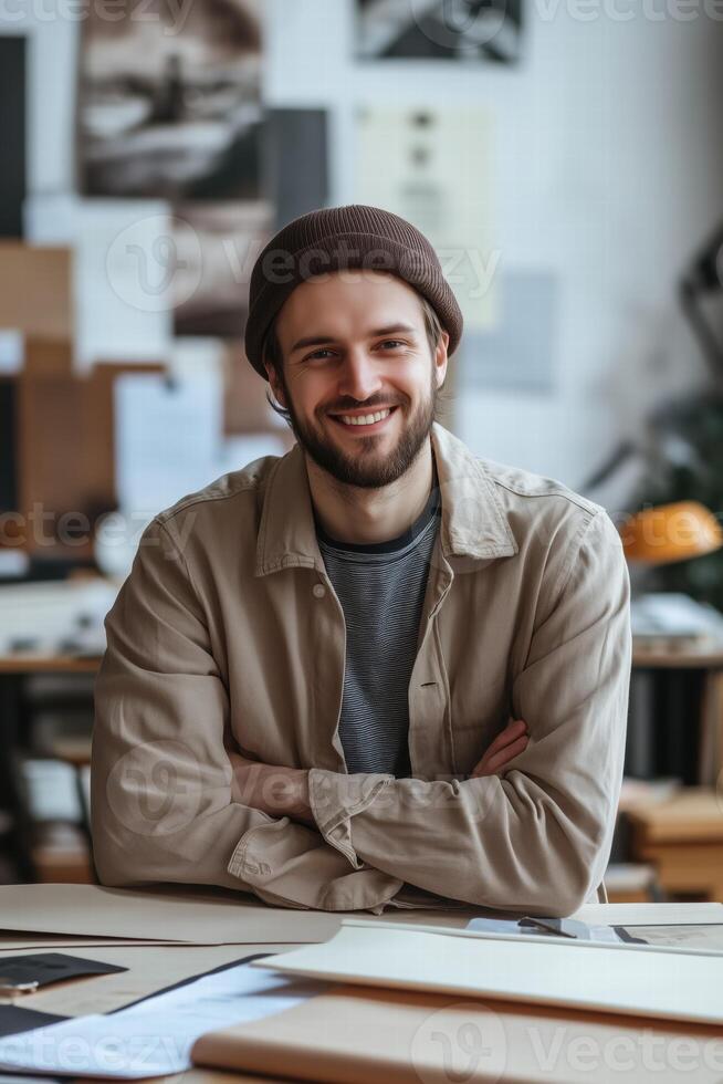 A smiling young man designer with a beard wearing a beanie and a casual jacket, sitting at a desk in a creative workspace filled with papers and design materials. photo