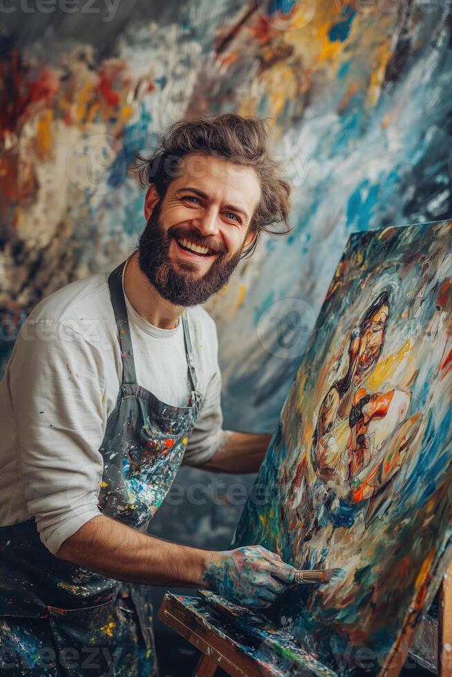 Portrait of a bearded man holding a paintbrush in his hand and smiling in front of a photo