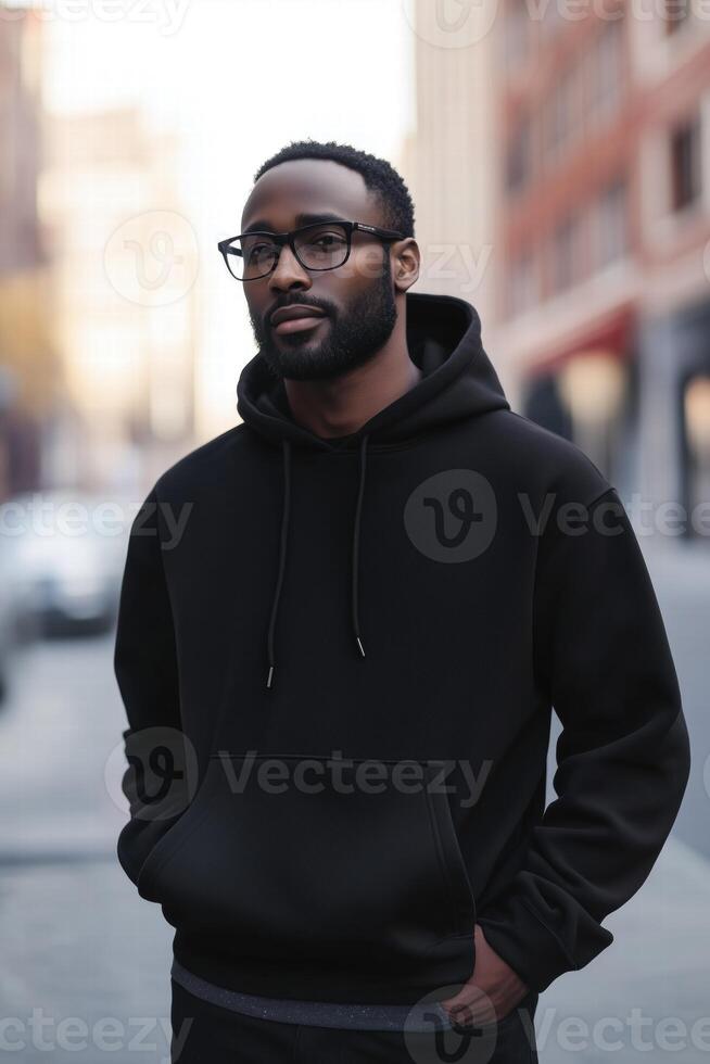 Black man wearing black hoodie and glasses standing on street photo