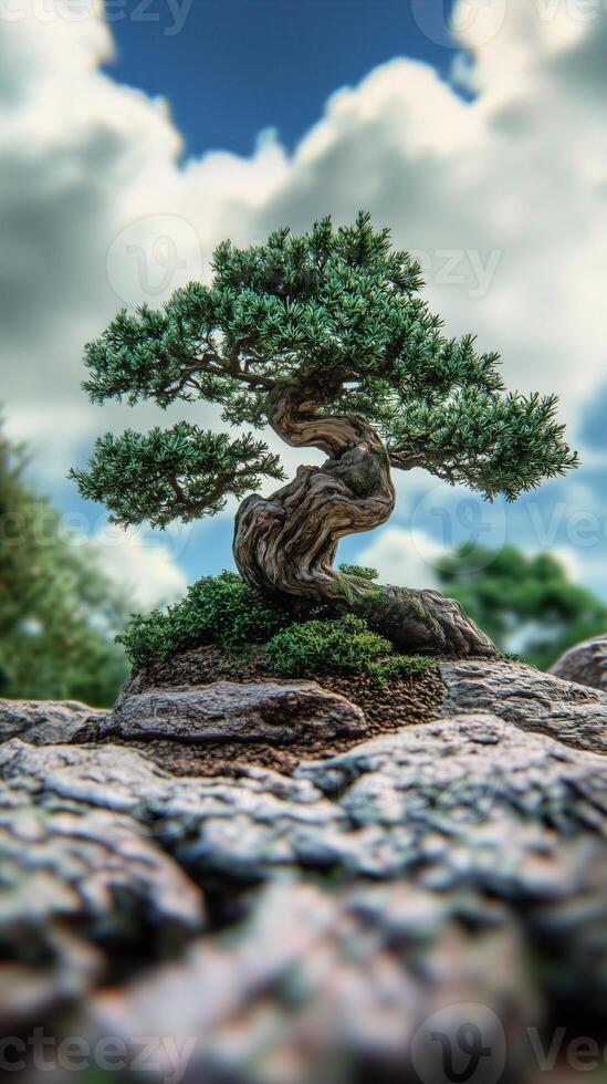Bonsai tree on rocks in front of a blue sky photo