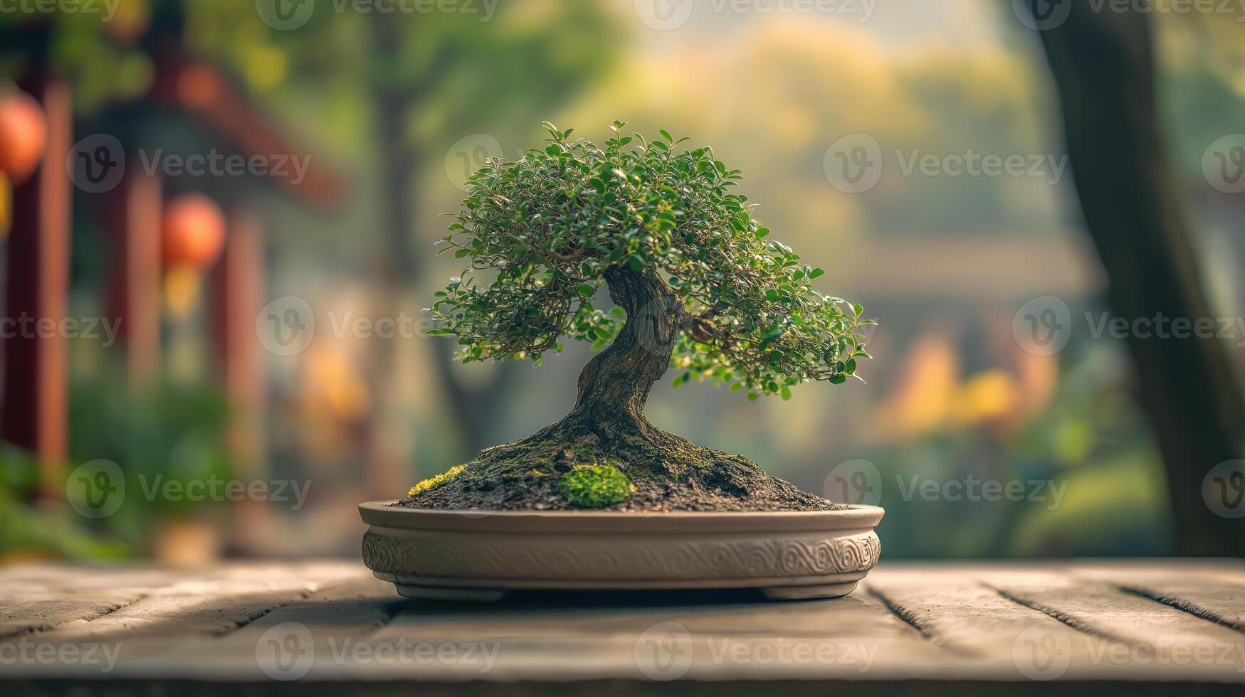A beautifully crafted bonsai tree in a decorative pot, placed on a wooden table. The background features a serene garden with soft, blurred greenery and warm lighting, creating a tranquil atmosphere. photo