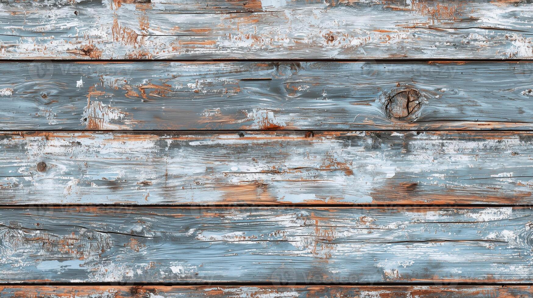 Weathered wooden planks with a blue and brown color scheme. The surface shows signs of aging, with peeling paint and rough textures, creating a rustic appearance. photo