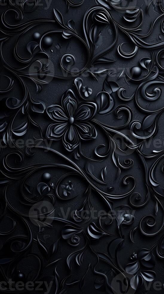 A textured black background featuring intricate floral patterns and swirls, creating a sophisticated and elegant design. photo