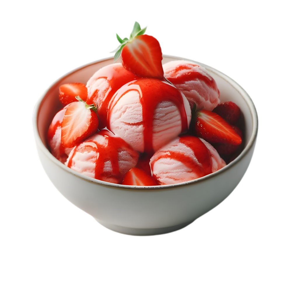 Refreshing strawberry ice cream scoops in a bowl with strawberries and sauce png