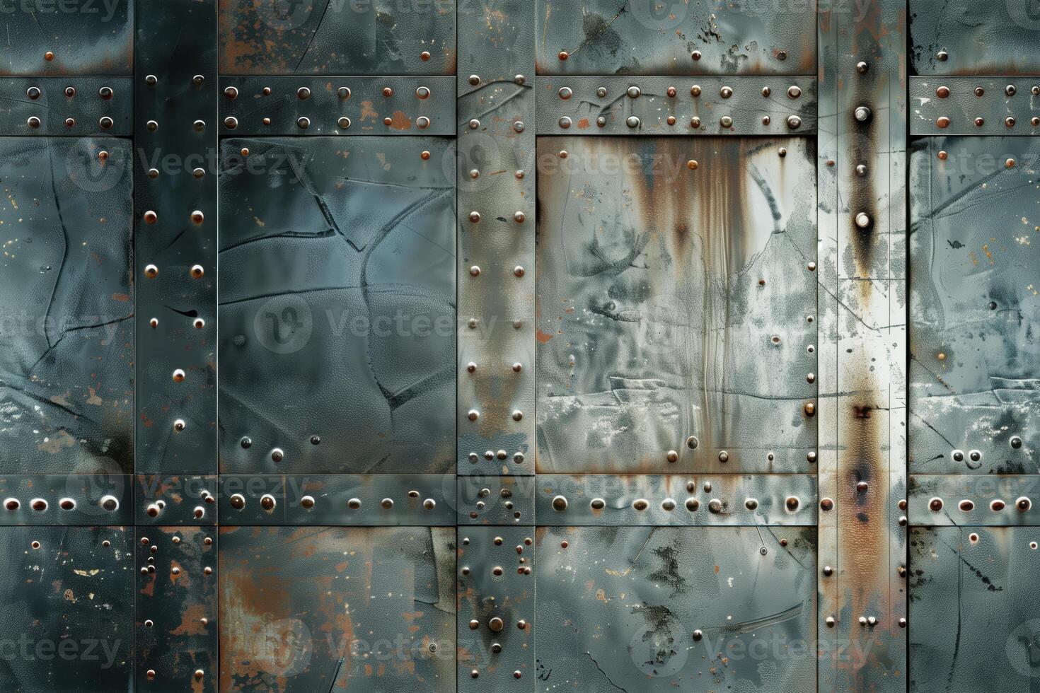 Seamless textured metal wall with rust and rivets, showcasing a mix of blue and gray tones. The surface features scratches, dents, and weathered patches, giving it an industrial and aged appearance. photo
