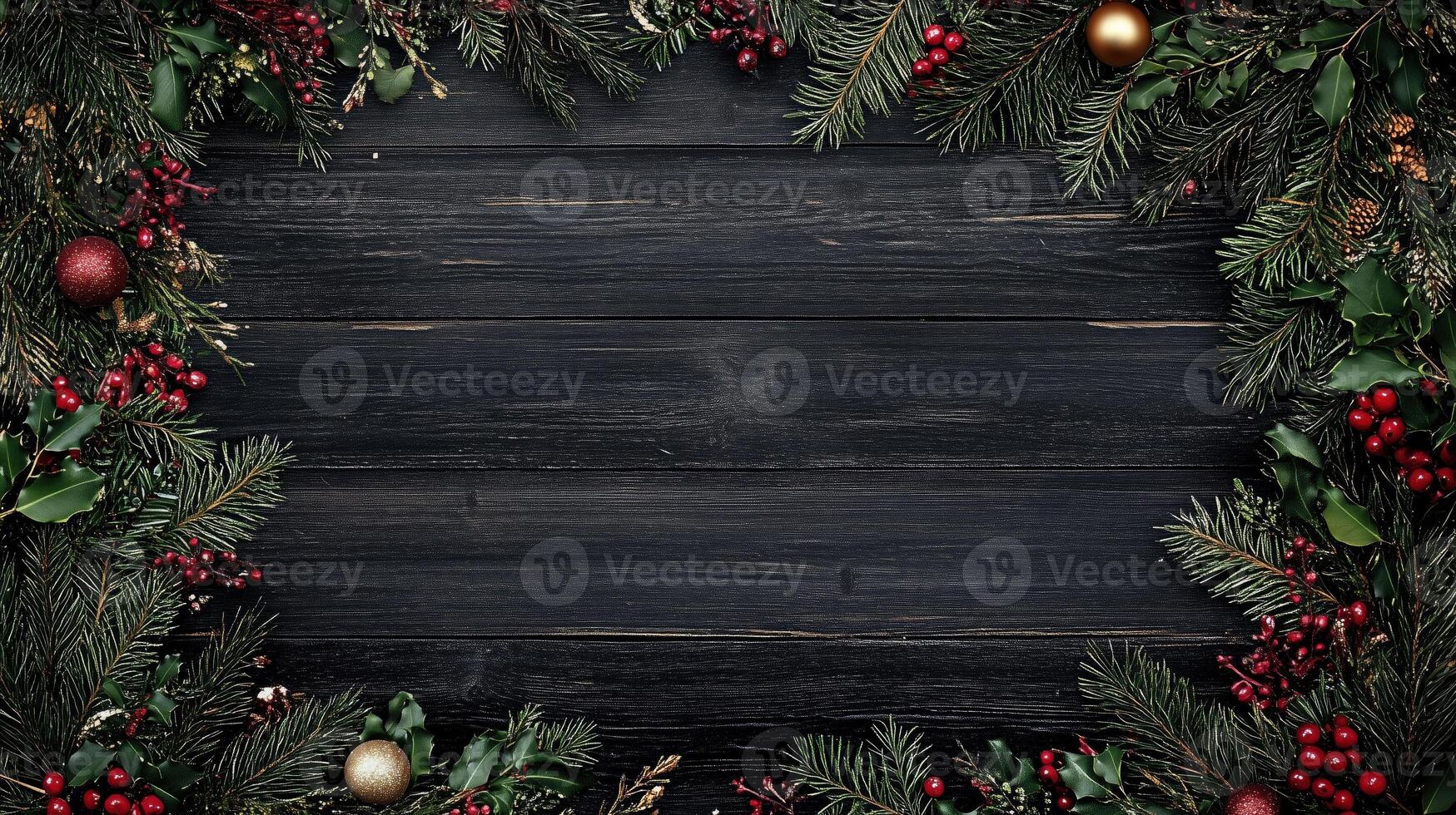 A festive Christmas wreath made of pine branches, holly, and red berries, arranged on a dark wooden background, creating a cozy holiday atmosphere. Christmas texture background. photo