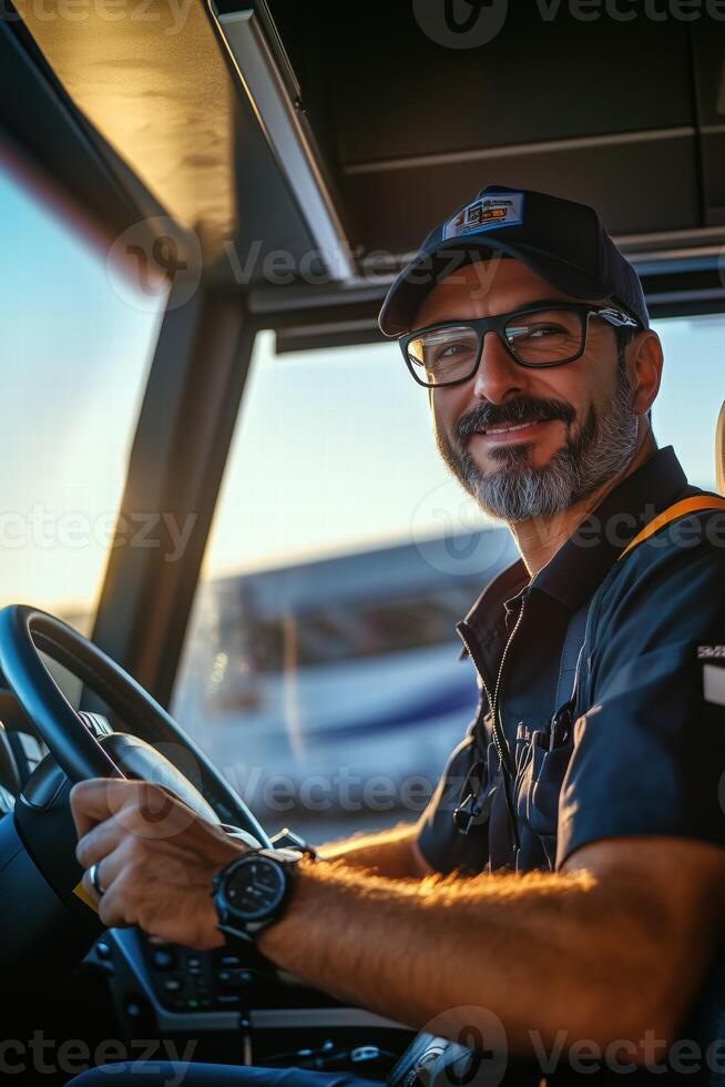 A man in a truck driving with a smile photo