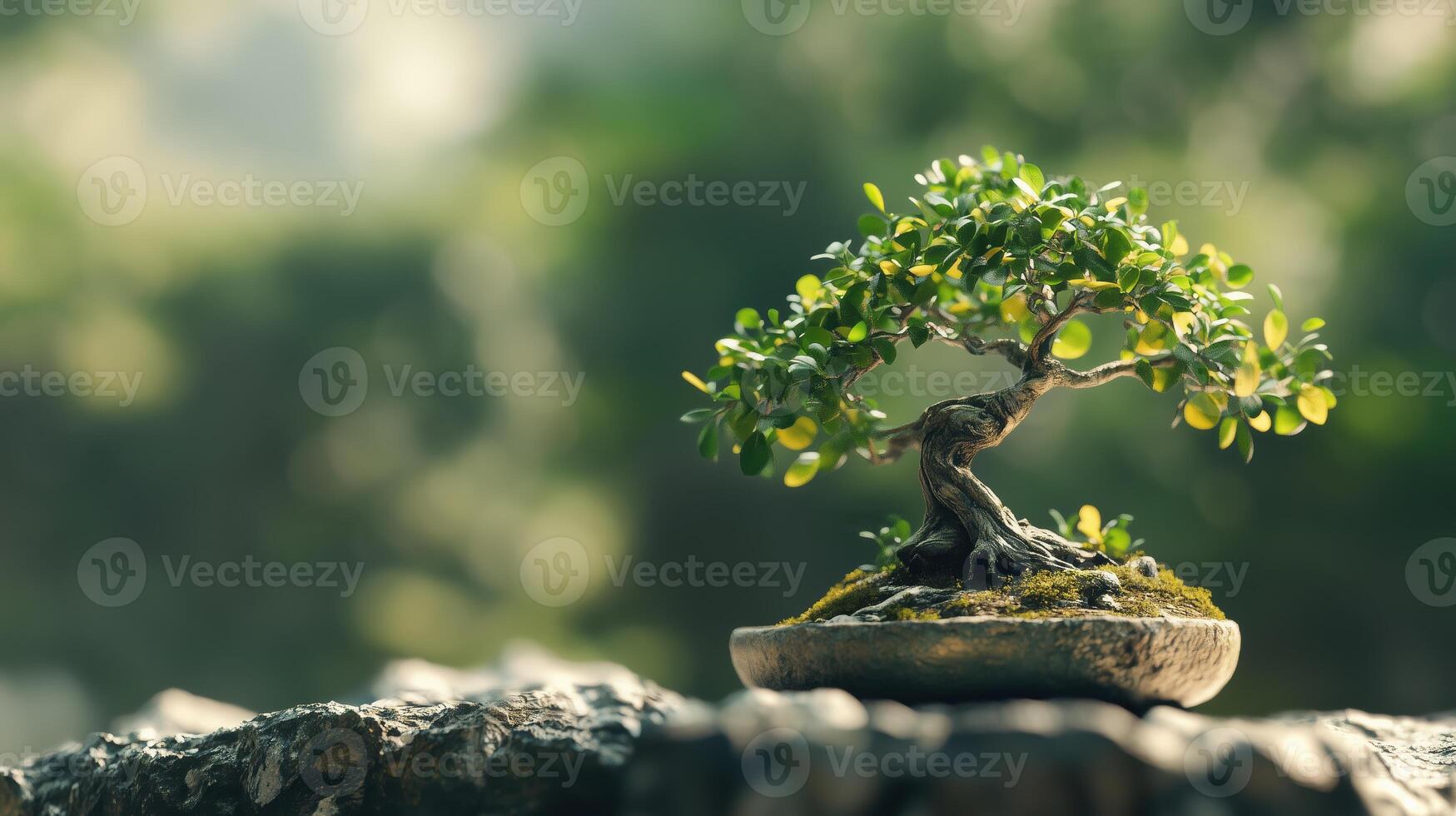 A small, beautifully shaped bonsai tree with lush green leaves, sitting on a stone surface. The background is softly blurred, highlighting the tree's intricate details and natural beauty. photo