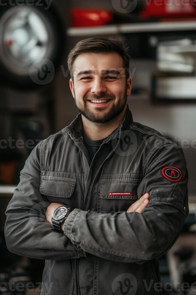 A man in a garage with his arms crossed photo