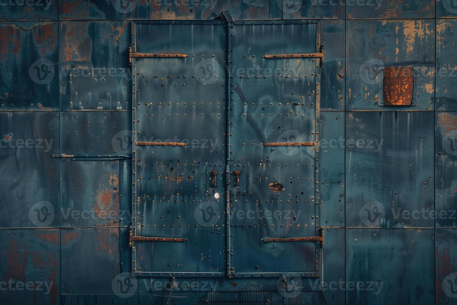 A weathered blue metal door with rust and peeling paint, featuring multiple bolts and a circular lock. The door is set against a textured blue metal wall, showcasing signs of age and wear. photo