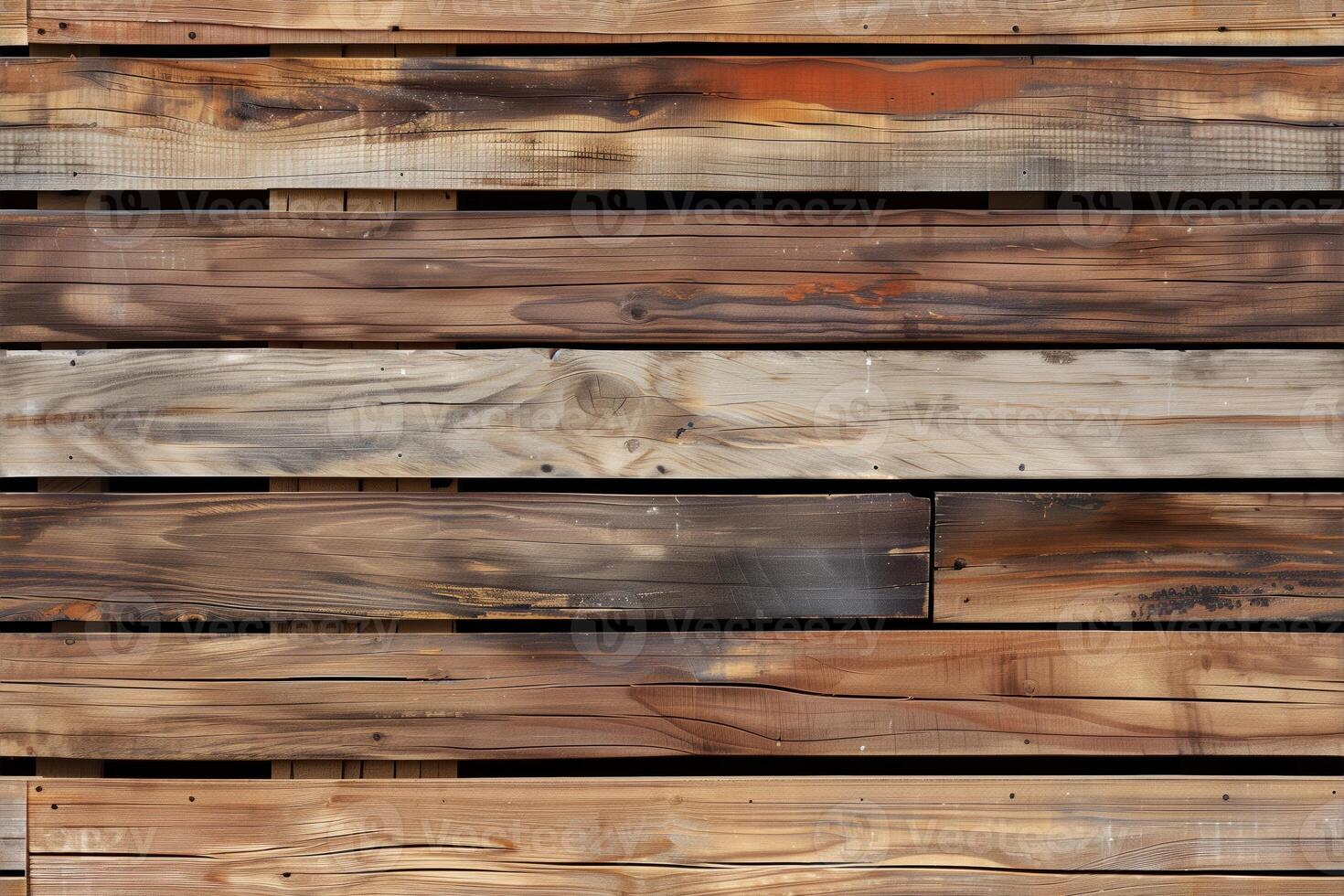 Wooden panel wall featuring various shades of brown and gray. The planks are arranged horizontally, showcasing natural wood grain patterns and textures. photo