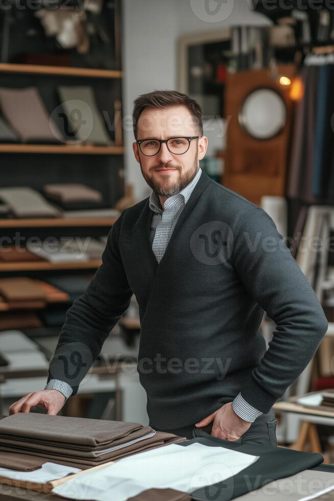 A man in a suit standing in front of a table with various leather goods photo
