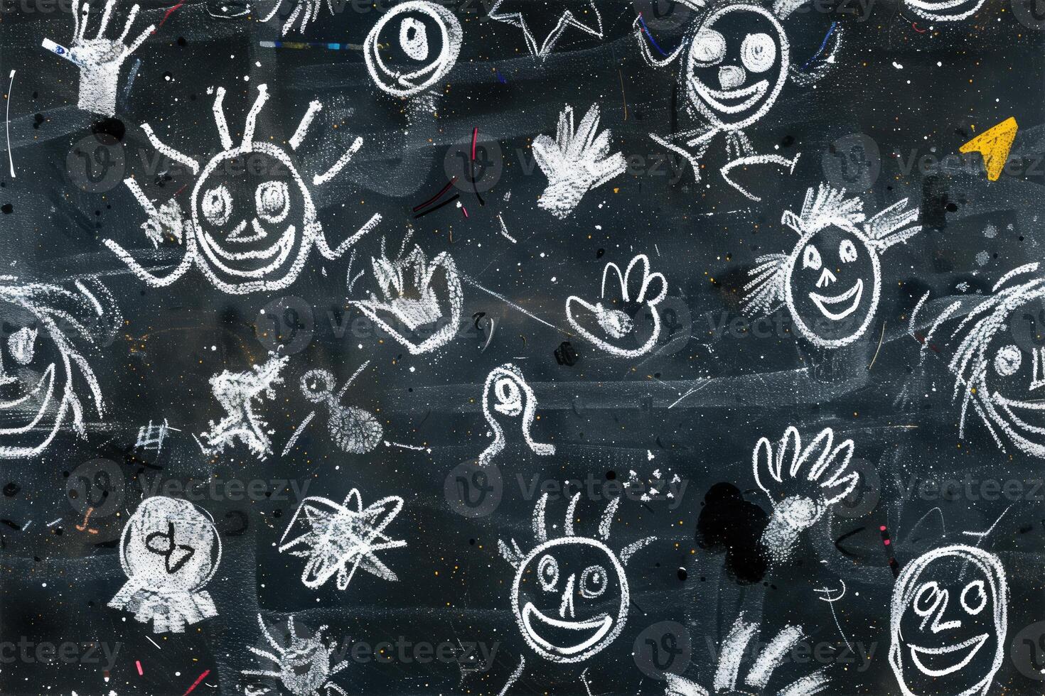 A blackboard with drawings of faces and hands photo