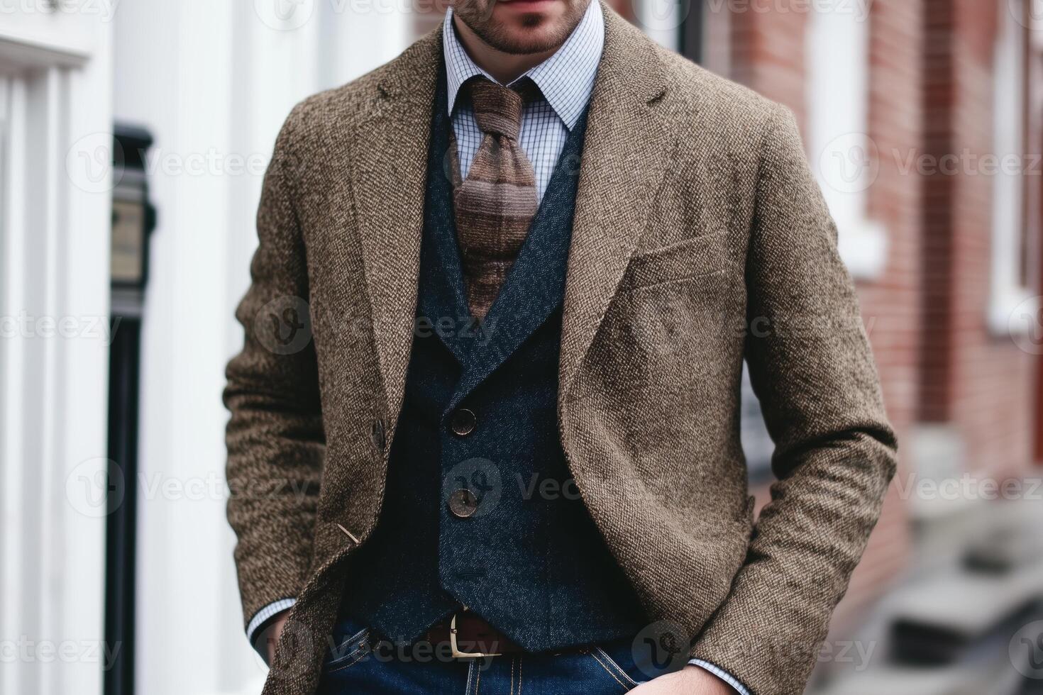 A stylish man dressed in a brown tweed blazer over a gray vest and a checkered shirt, showcasing a sophisticated and fashionable look. photo