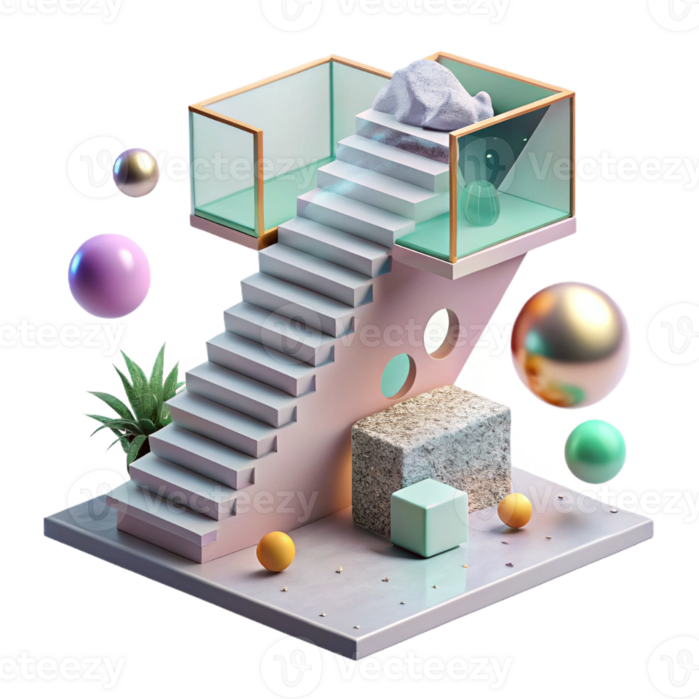 serene artistic Floating Staircase with Glass Railing Cutout genuine png