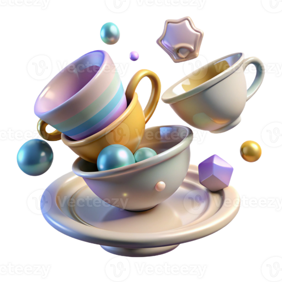 magnificent contemporary Floating Teacups and Saucers Isolated Cutout for Tea Party Designs original png