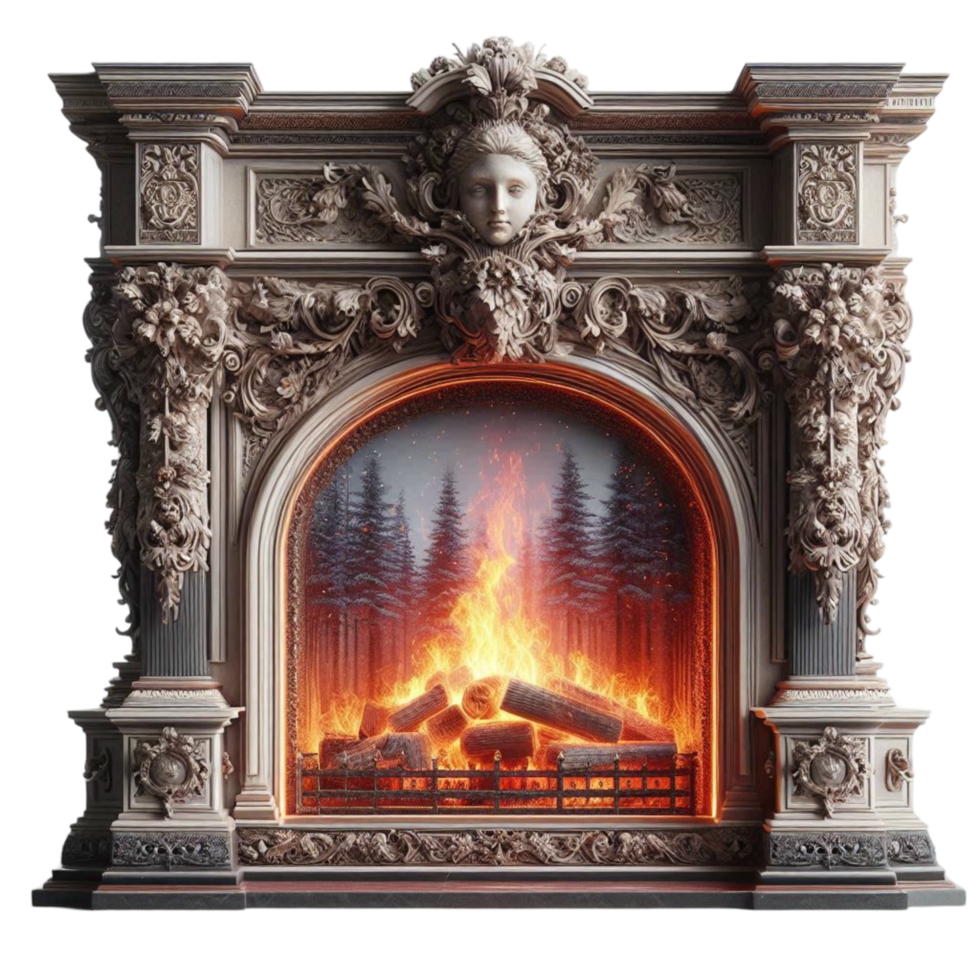 Ornate Vintage Fireplace with Warm Glow png