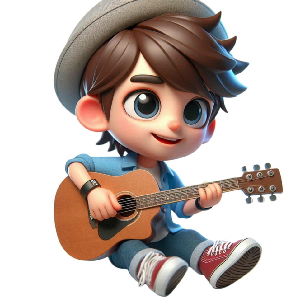 Playful Boy with Guitar in Hat png