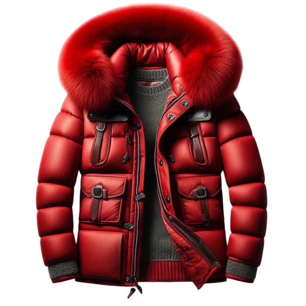 Puffy Red Hooded Jacket with Fur Lining png