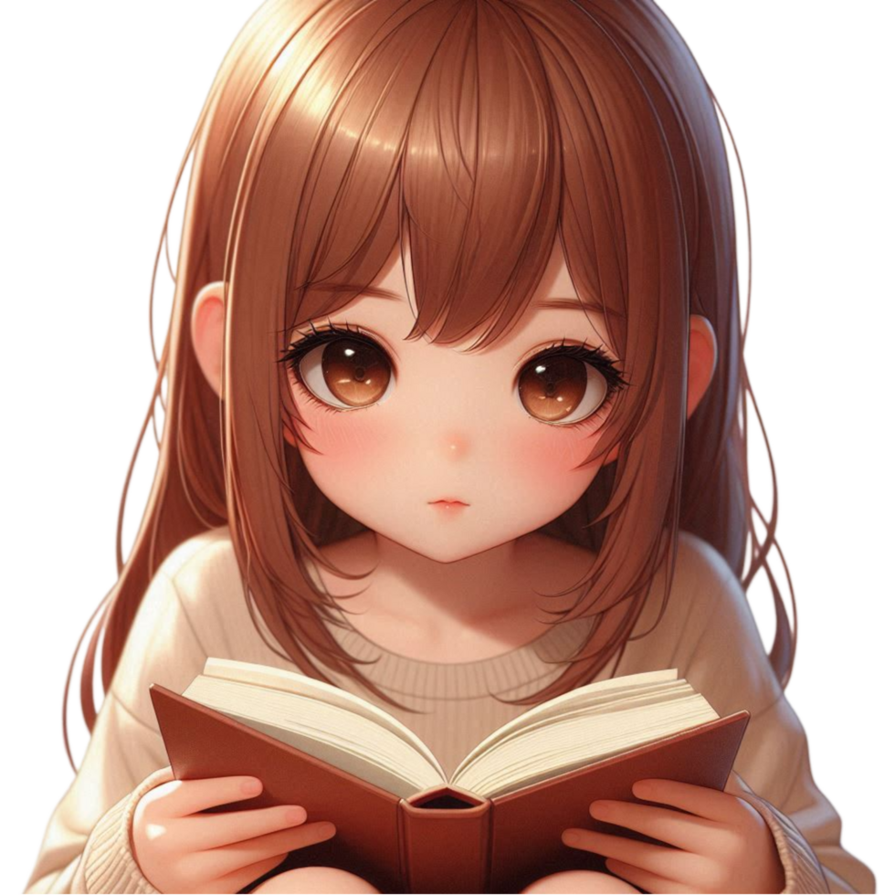 Cute Anime Girl Reading a Book png