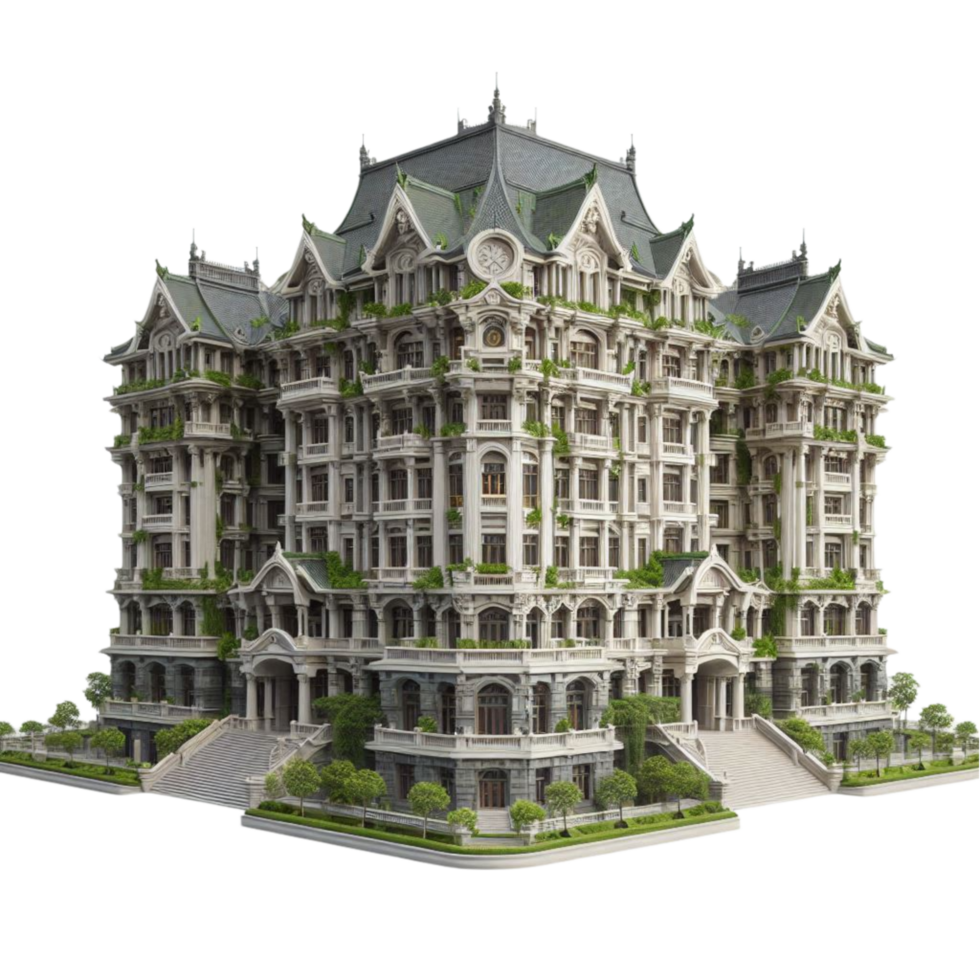 a large building with green plants on the roof png