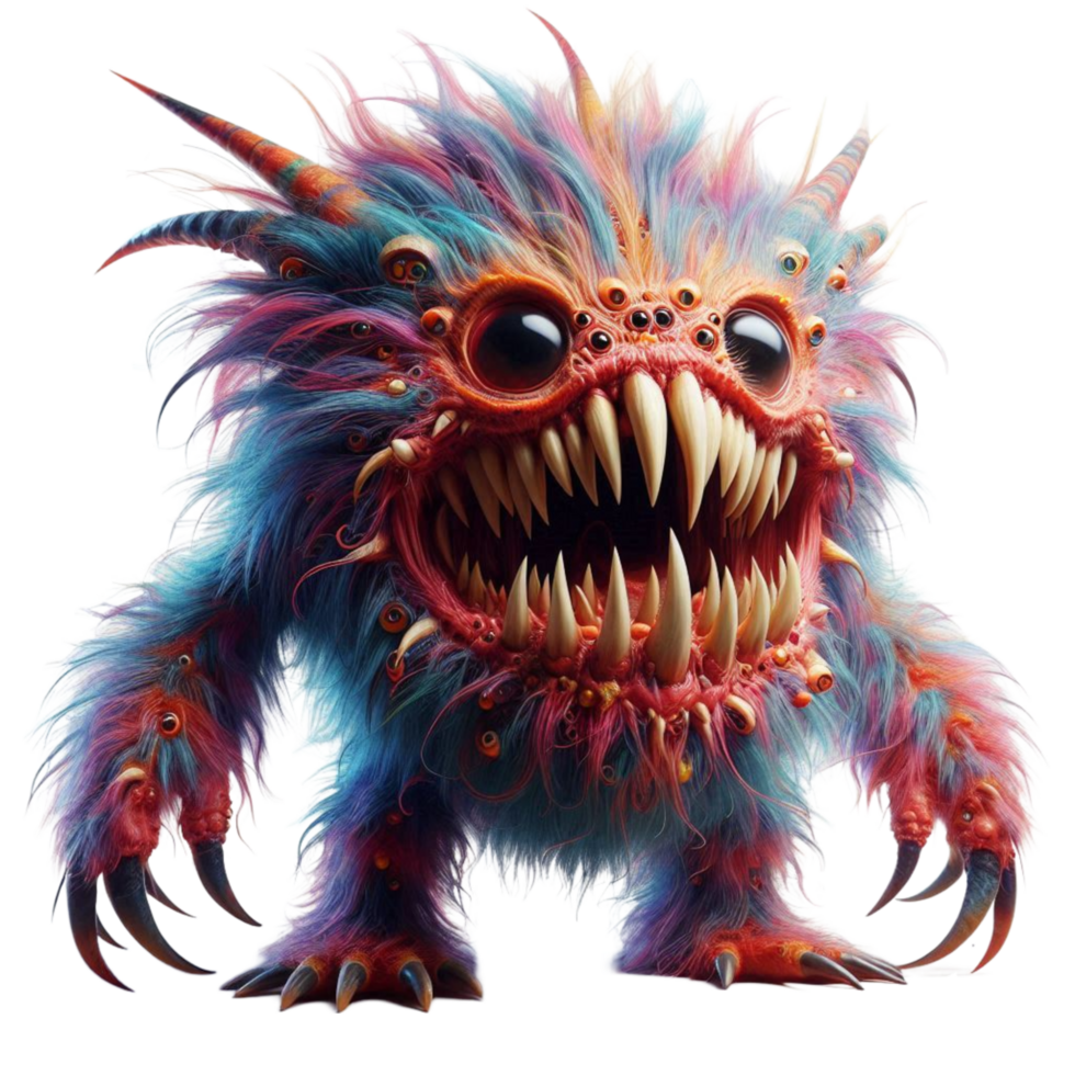 Furry Monster with Multicolored Hair and Big Sharp png