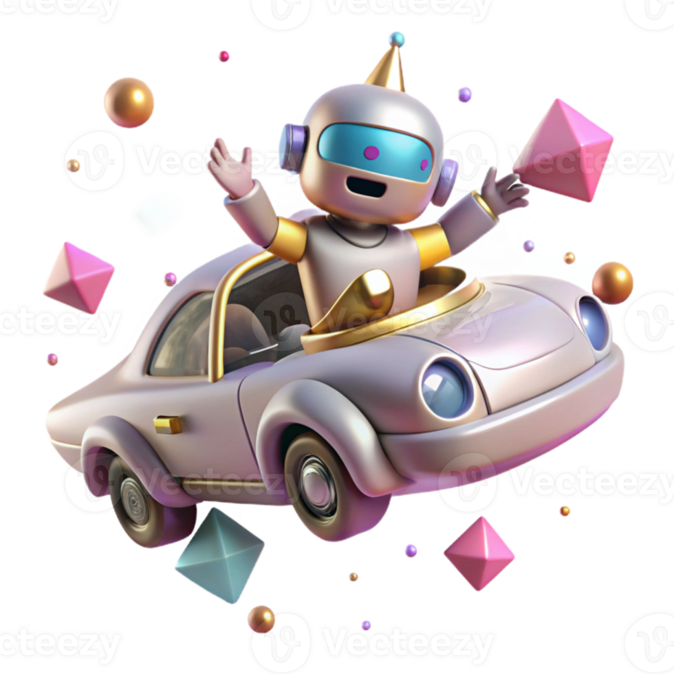 vibrant vintage Flying Car with Robot Pilot Cutout for Sci Fi Illustrations png