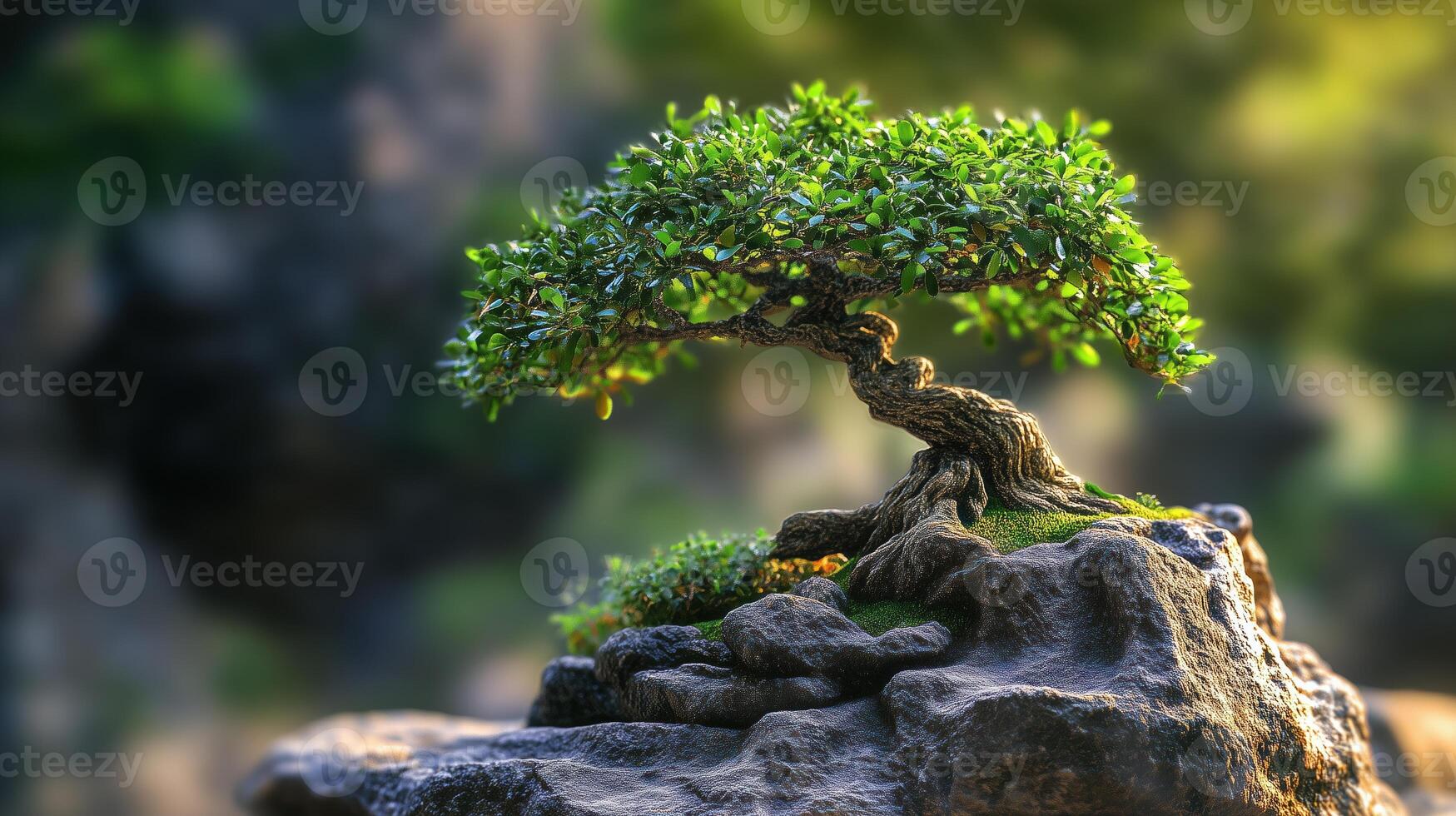 A beautifully shaped bonsai tree with lush green leaves, perched on a rocky surface. The background features a soft focus of natural greenery, creating a serene atmosphere. photo