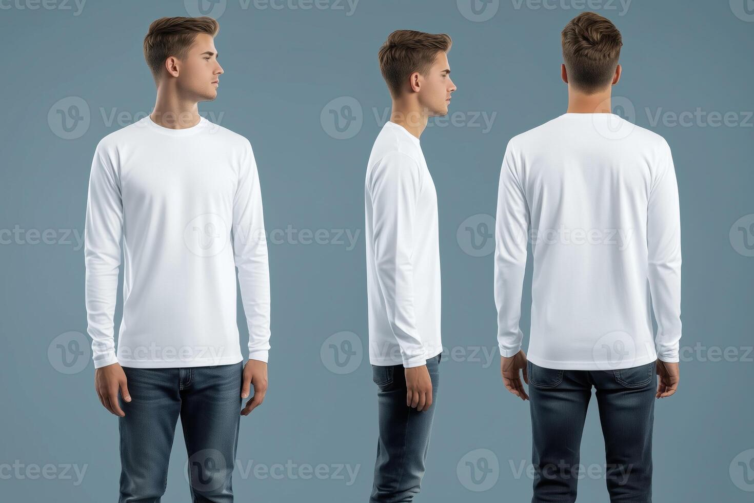 Three different views of a man wearing a white t - shirt photo