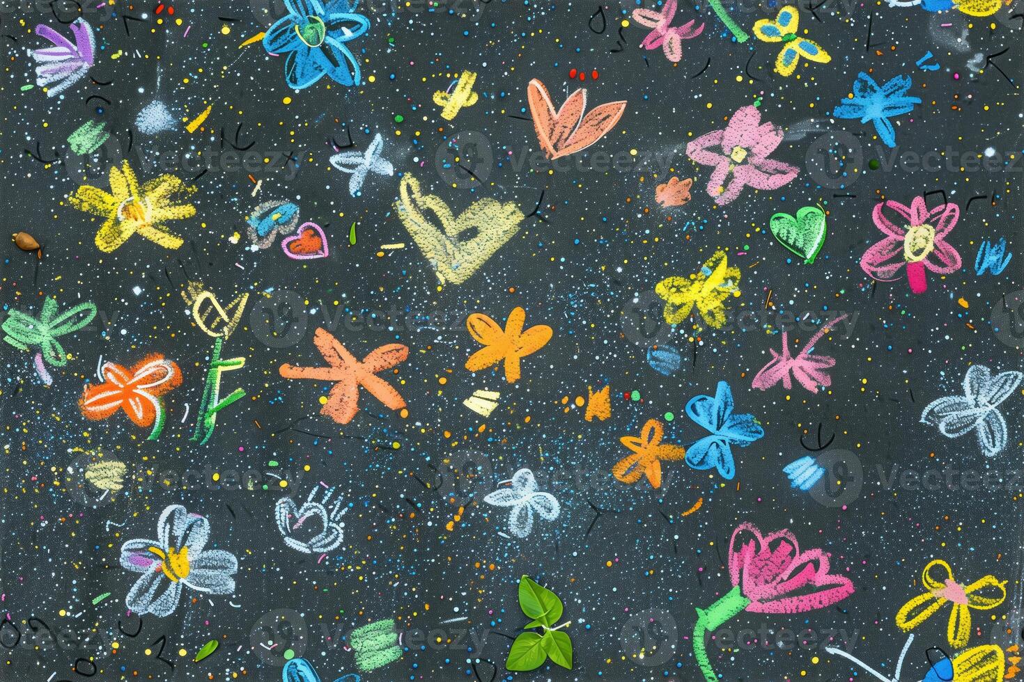 A colorful drawing of flowers and butterflies on a black background photo