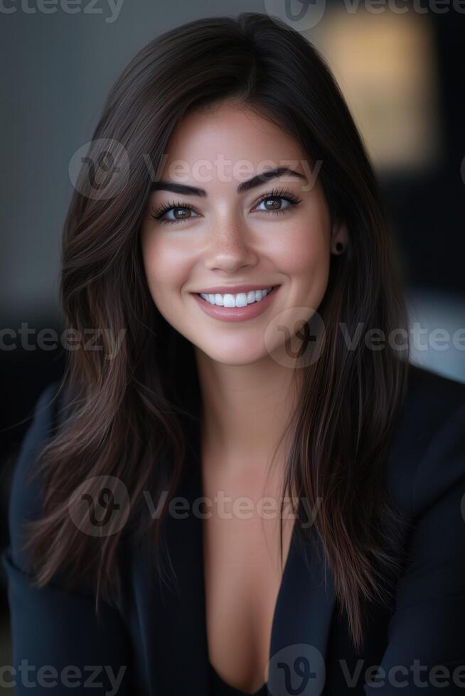 A young sales manager woman with long, dark hair and a warm smile, wearing a black blazer. The background is softly blurred, emphasizing her friendly expression and professional appearance. photo