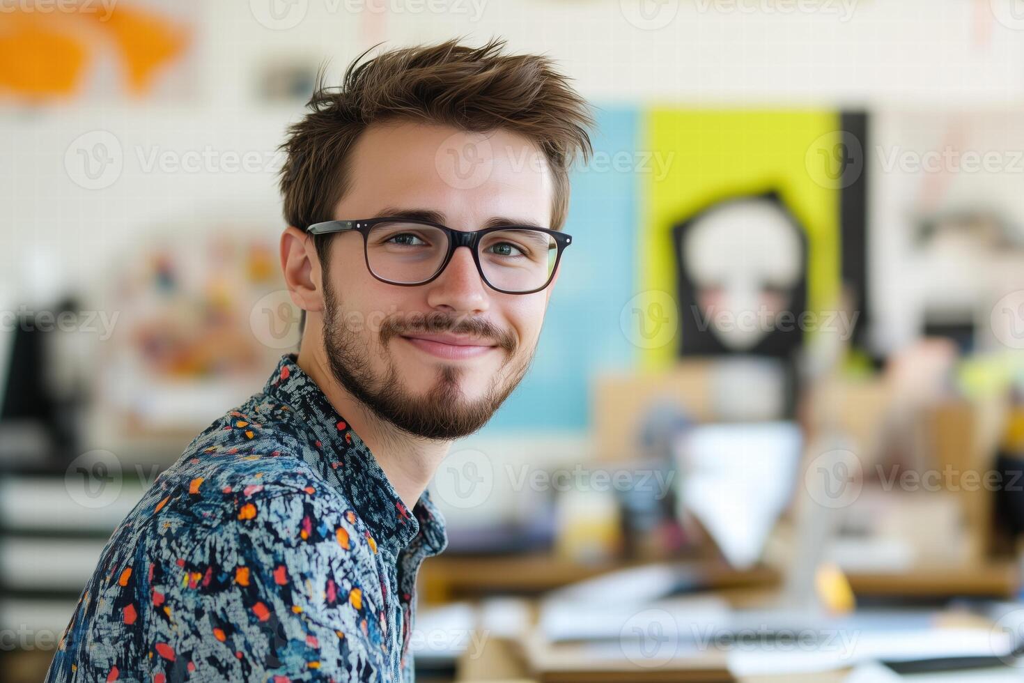 A young man designer with glasses and a stylish shirt smiles at the camera in a creative workspace filled with colorful art and design materials. photo