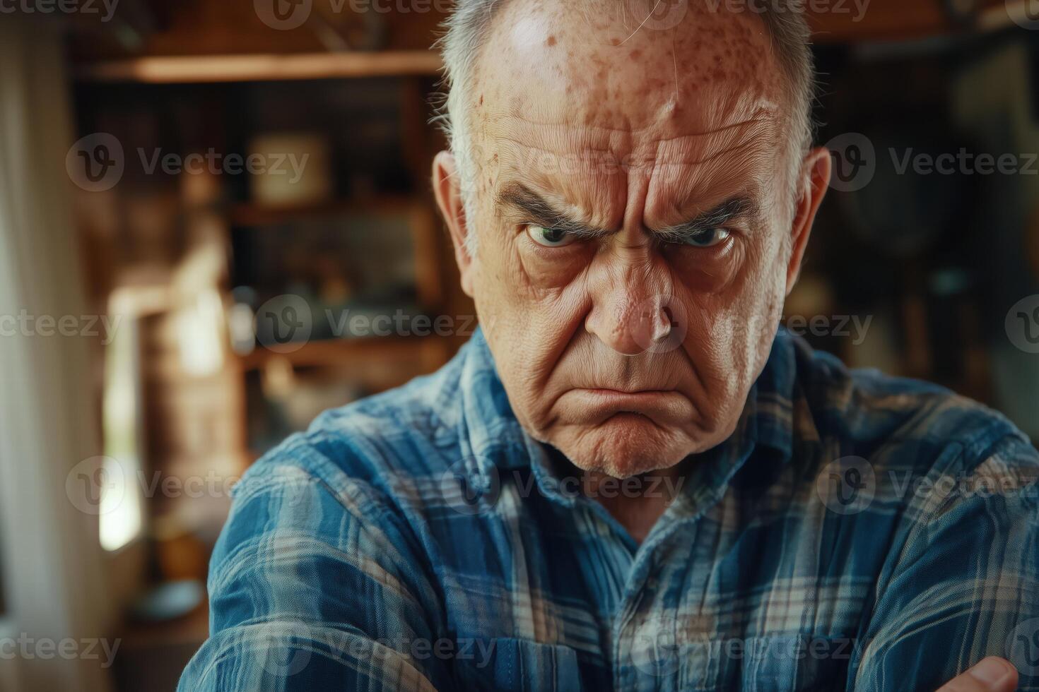 An angry old man with a checkered shirt photo