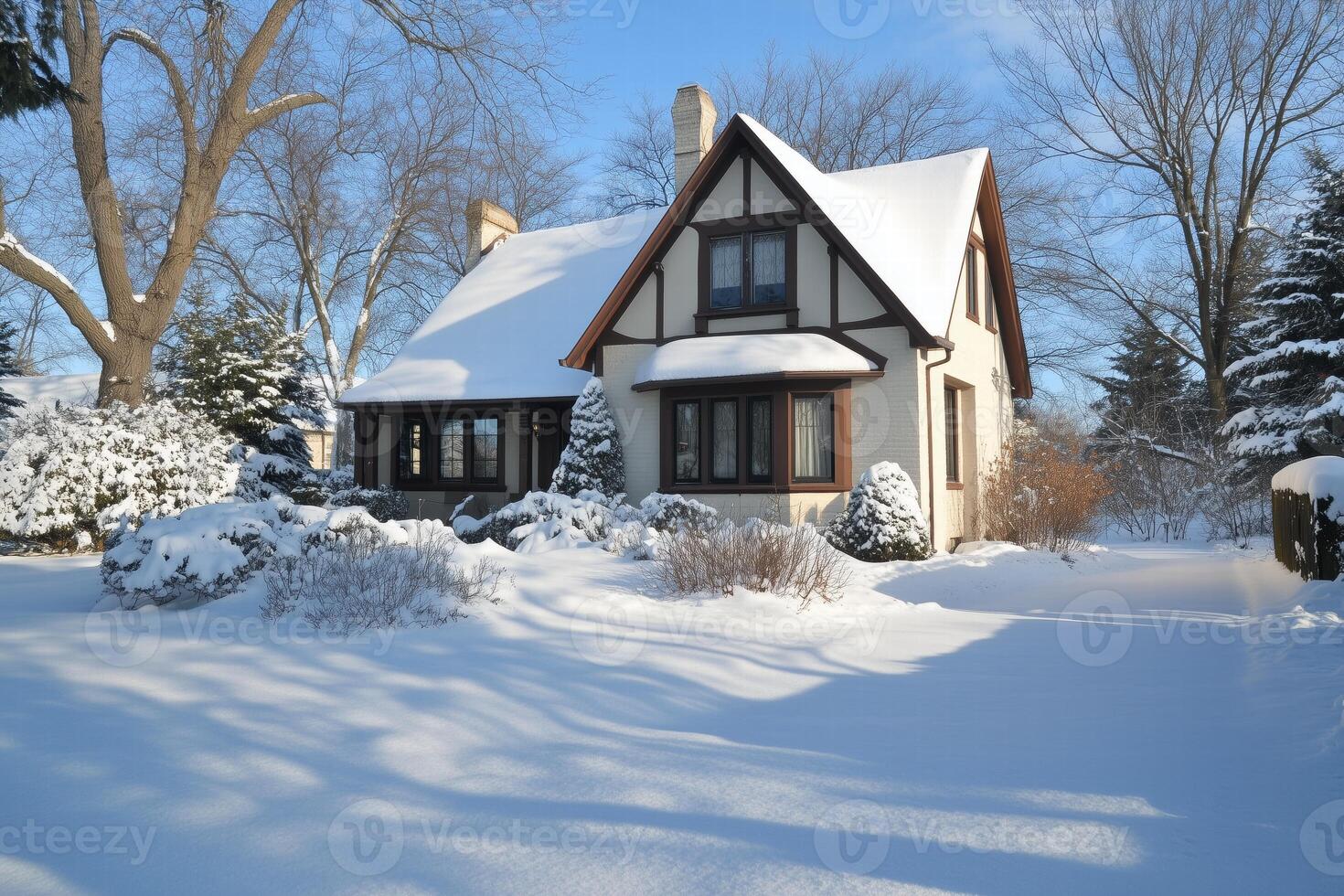 A charming Cottage house covered in snow, surrounded by trees and shrubs. The scene captures a serene winter landscape with a clear blue sky and soft sunlight illuminating the snow. photo